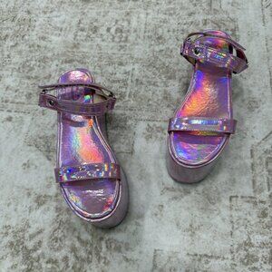 Dolls Kill Sandals Womens Size 8.5 Pink Holographic Platform Wedge Strappy Shoes